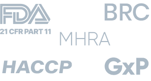 Visual showing Tek Troniks monitoring system assists compliance with FDA CFR Part 11, BRC, HACCP, MHRA, and GxP